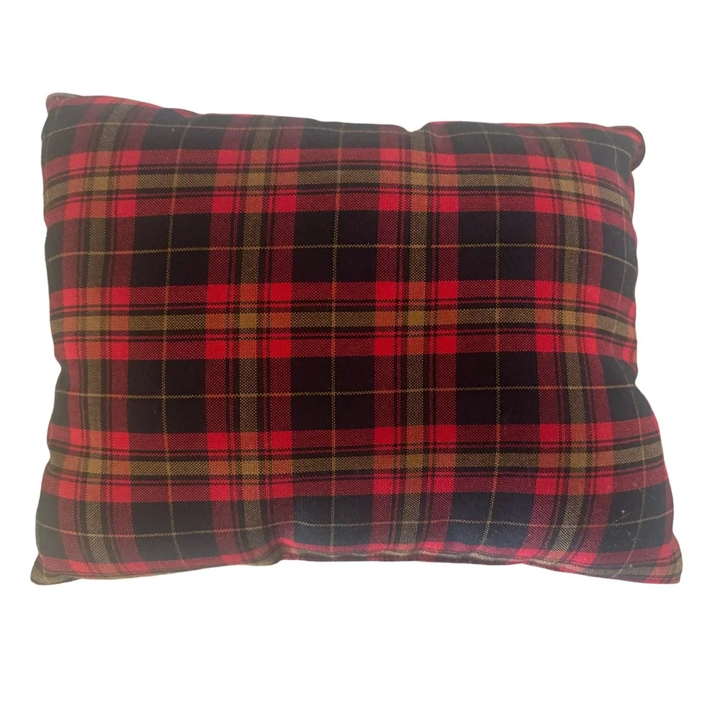 Will‎ Leather Goods Tartan Plaid Throw Pillow 15x11 Leather Patch Red Huckberry
